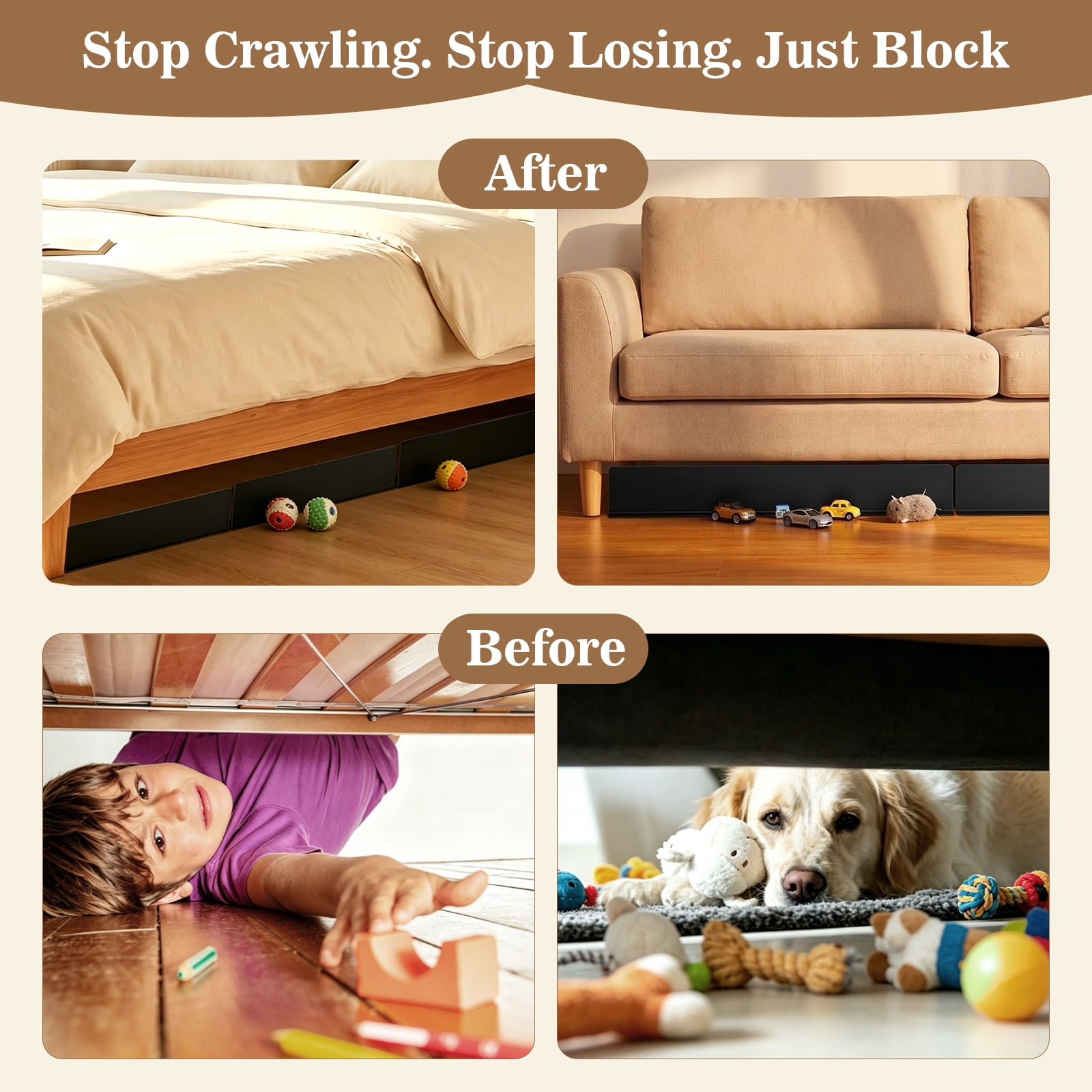 12-Piece Under Couch Blockers - 15.4"L x 4.7"H Strong Adhesive Reusable Guard, Under Sofa Pet Blocker to Keep Pets Out & Prevent Items Rolling