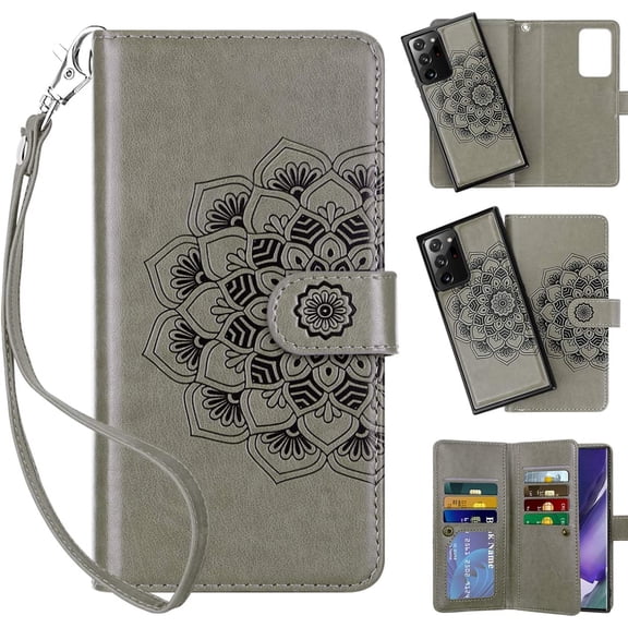 Galaxy Note 20 Ultra 5G Case 2-in1 Wallet Cover Magnetic Detachable Folio PU Leather Flip Card Holder Slot Strap Protective Slim Hard Shell for Samsung Note 20 Ultra 6.9 Mandala Grey