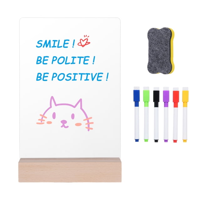 Tablero Tablero de notas LED con base de madera Placa acrílica transparente Escritura de mensajes Carta Memo con luz Incluye 6 marcadores magnéticos y borrador Perfecto para uso en el hogar, ofic