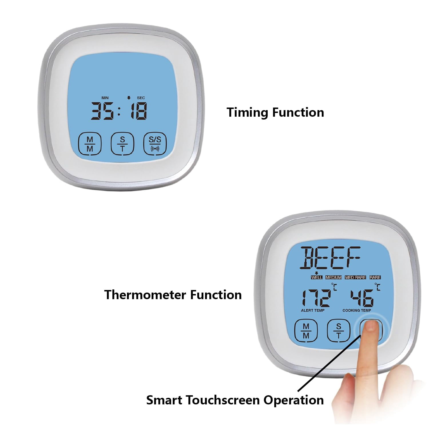 Digital Meat Thermometer, Food Thermometer for Oven Grill Kitchen, Thermometer for Cooking with 1 Stainless Steel Probe and Timer, Outdoor Kitchen Accessories