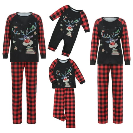 

Xingqing Family Matching Pajamas Christmas Theme with Cartoon Elk Plaid Print Pants Sleepwear Outfits Mom S