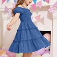 thumbnail image 3 of CCRFTGI Summer Dresses for Child Girls Size 7 Casual Cute Dress Off Shoulder Pleated Square Neck Ruffle Smocked Floral Princess Birthday A-Line Dress Blue 7-8 Years, 3 of 8