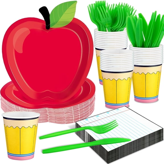 125Pcs Back to School Decorations Apple Paper Plates Notebook Napkins First Day of School Party Supplies Disposable Dinnerware Set for Preschool Kindergarten Teacher Party (Serves 25 Guests)