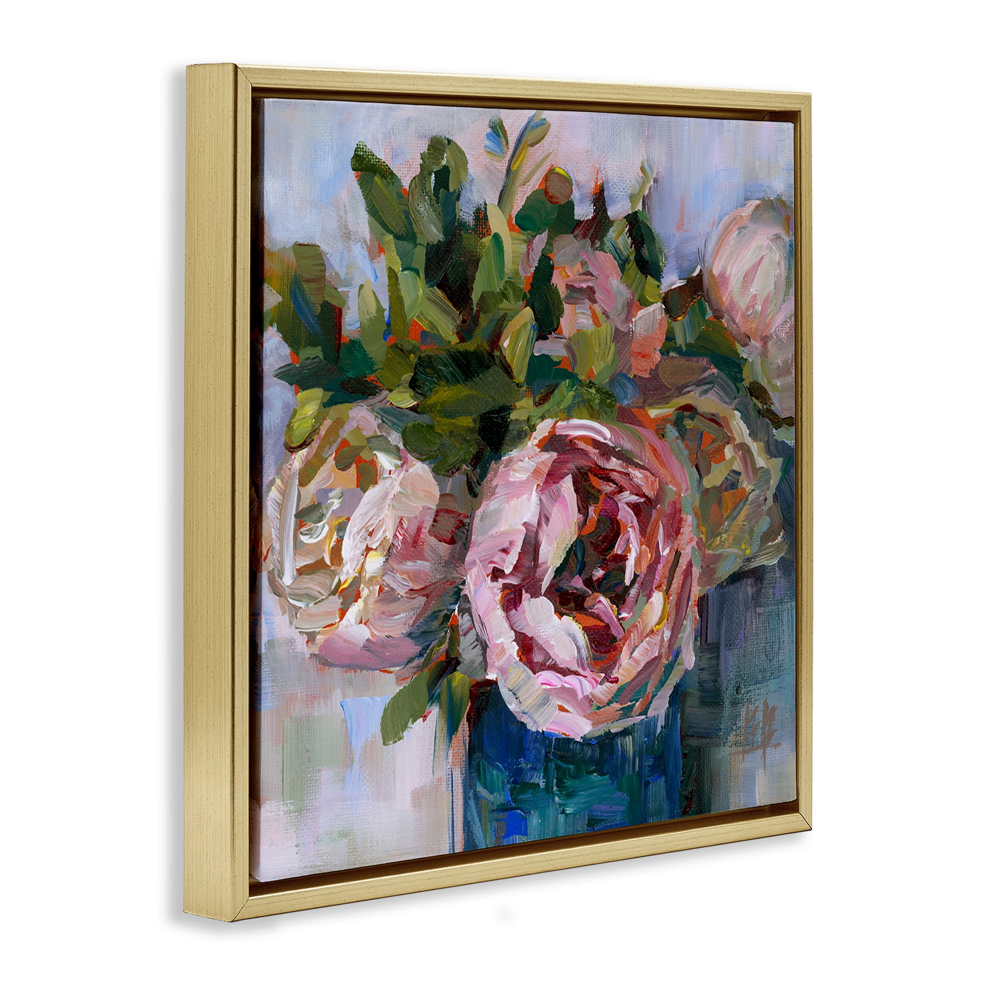 Stupell Industries Full Ranunculus Bouquet Botanical & Floral Painting Gold Floater Framed Art Print Wall Art, 18 x 18