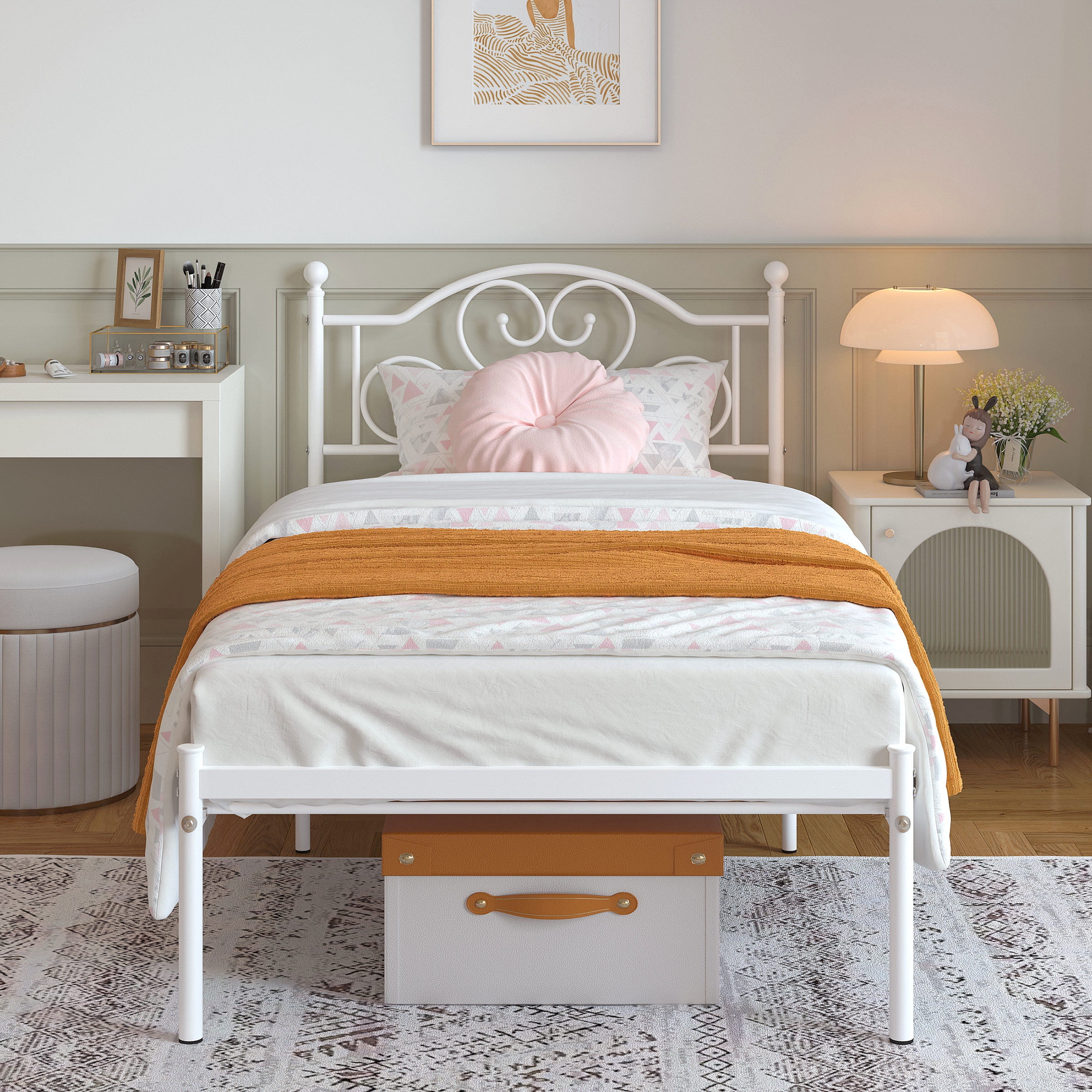 Yoneston 12” Twin Heavy Duty Metal Platform Bed Frame with Love-Heart Shape Headboard for Girls Bedroom Furniture, White
