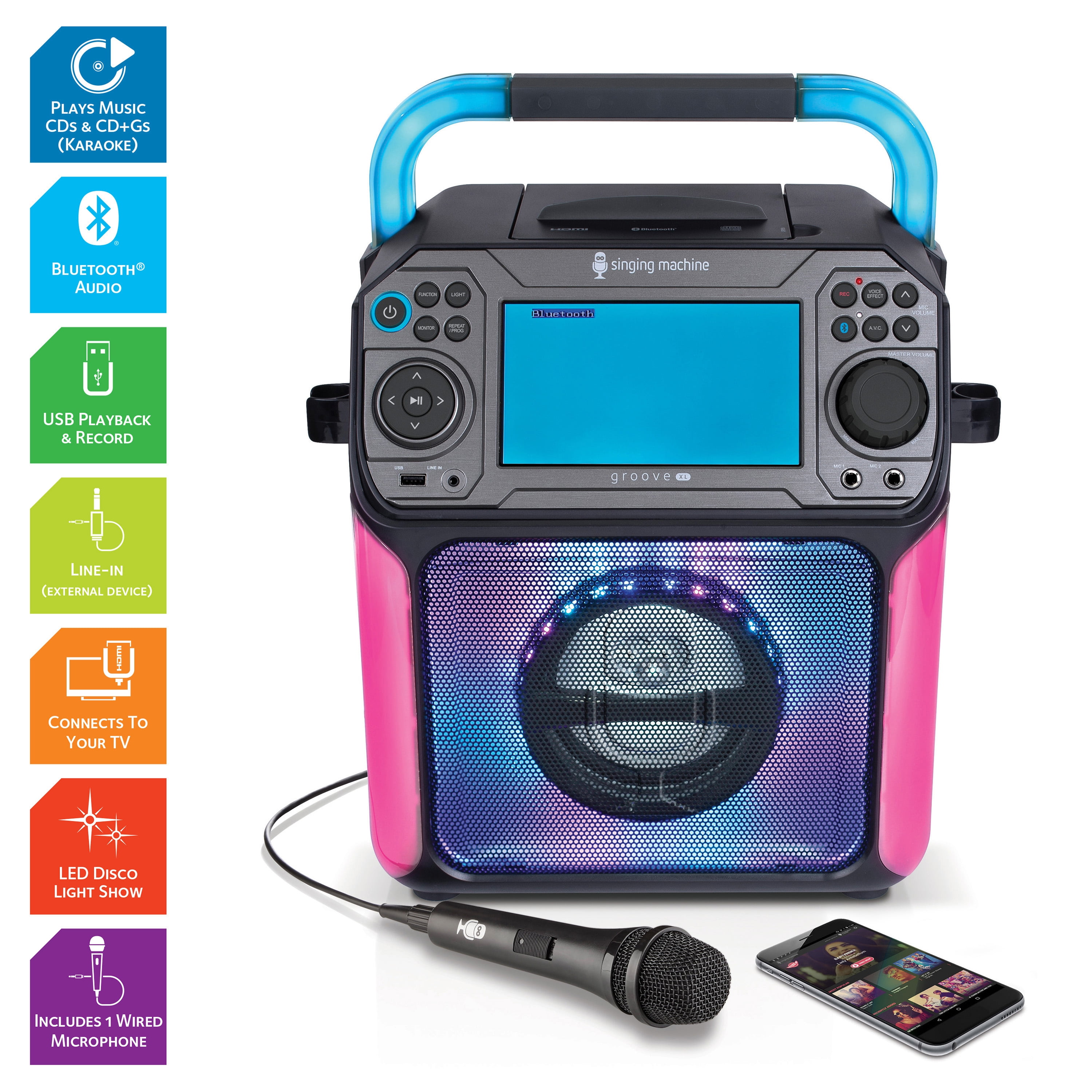 Singing Machine Groove XL Stand Alone Karaoke Machine with 6 Vocal Effects & LED Lights, STVG789BK, Black