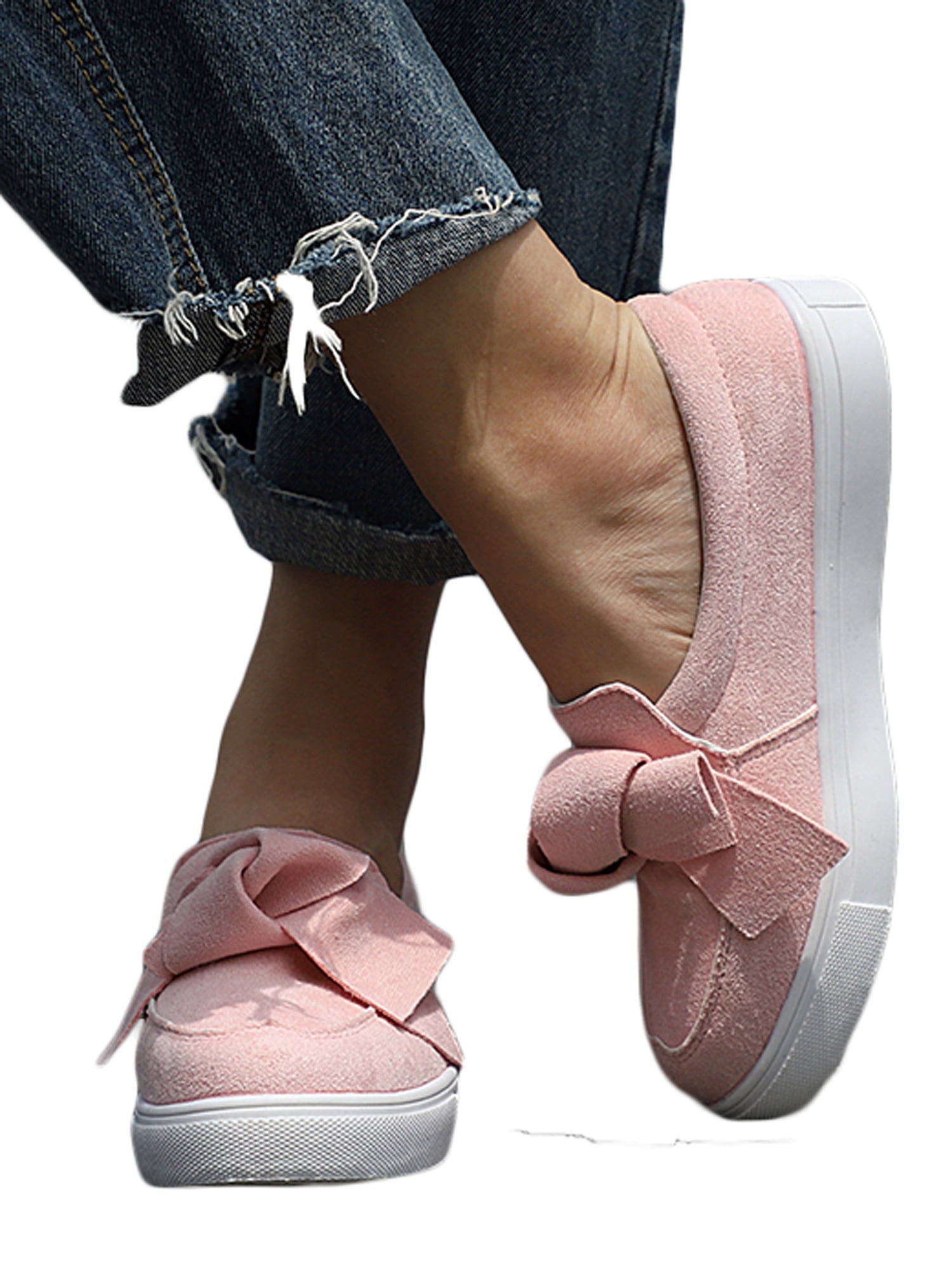 New Womens Flat Casual Sneakers Bow Comfy Slip On Trainers Plimsolls Pumps Shoes 