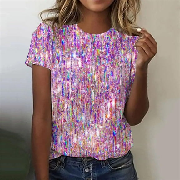 Purple Women's Short Sleeve T-shirt, Women'S Short Sleeve Sequin Print Fashionable Round Neck Casual T Shirt,Women's Short sleeve T-shirt M