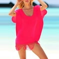 thumbnail image 5 of Women Swimsuit Cover Up Solid Color Tassel Knotted Chiffon Shirt Loose Bat Sleeve Sun Bikini Summer Vacation Clothes White, 5 of 6