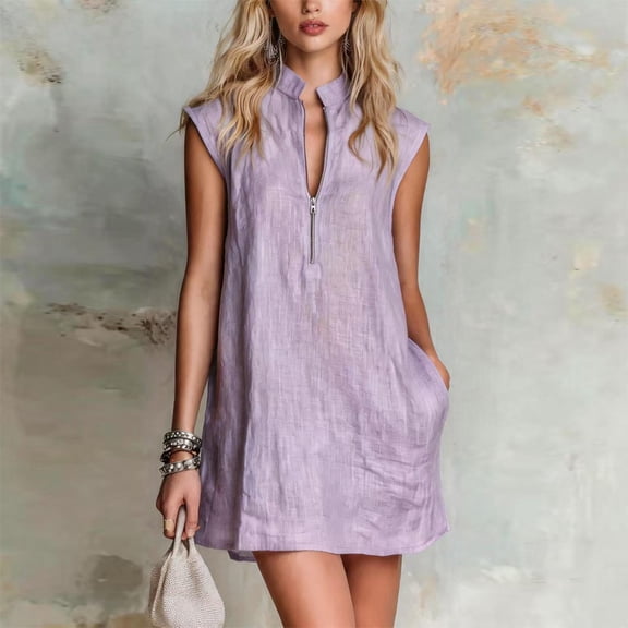 Morttic Women's Solid Color Stand Collar Half Zip Sleeveless Mini Dress – Side Pockets, Loose Shift, Casual Work & Weekend Light Purple,S
