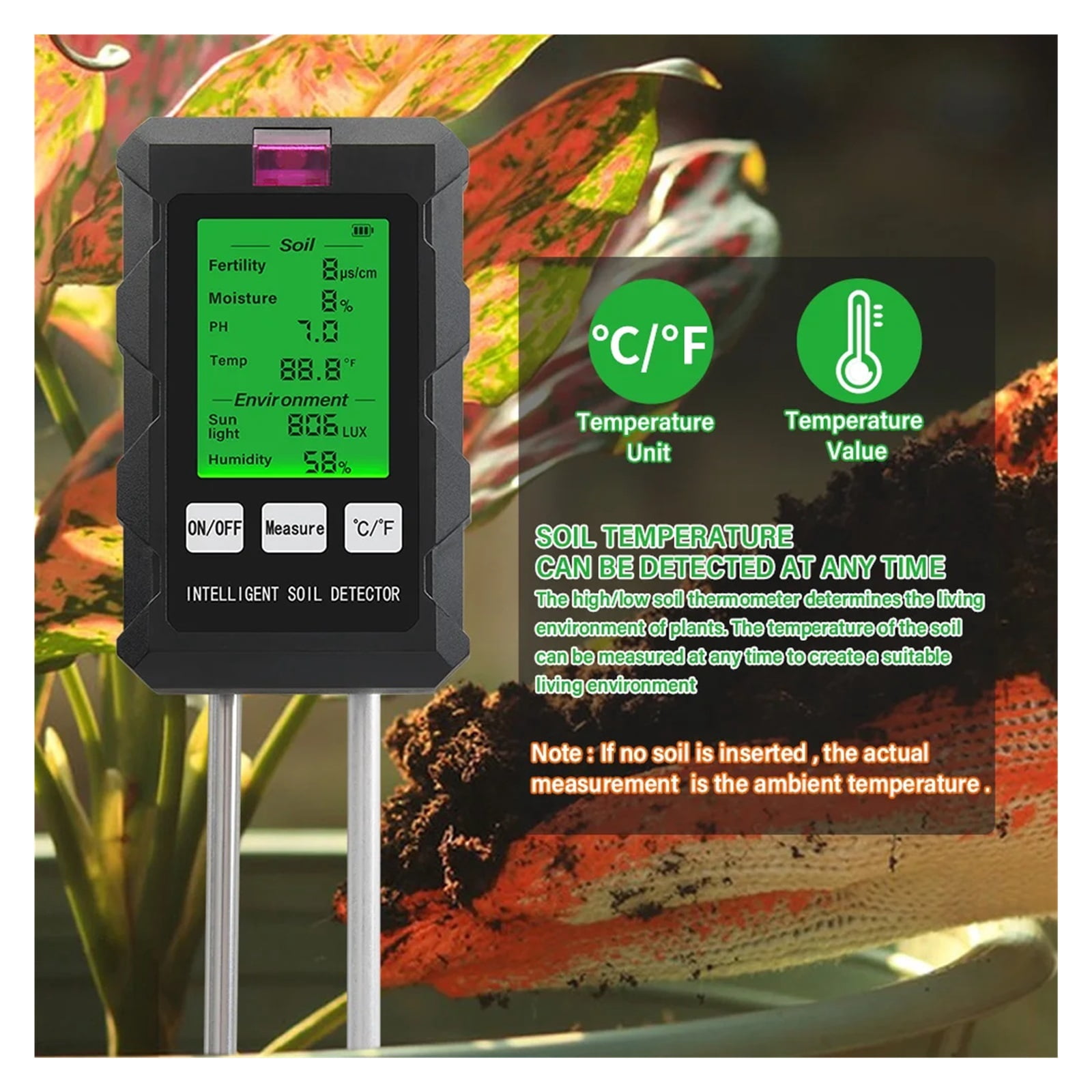 Digital 6 in 1 Soil PH Meter Fertility Soil Moisture Sunlight Ambient Humidity Temp Tester Monitor Detector Garden Soli Analyzer