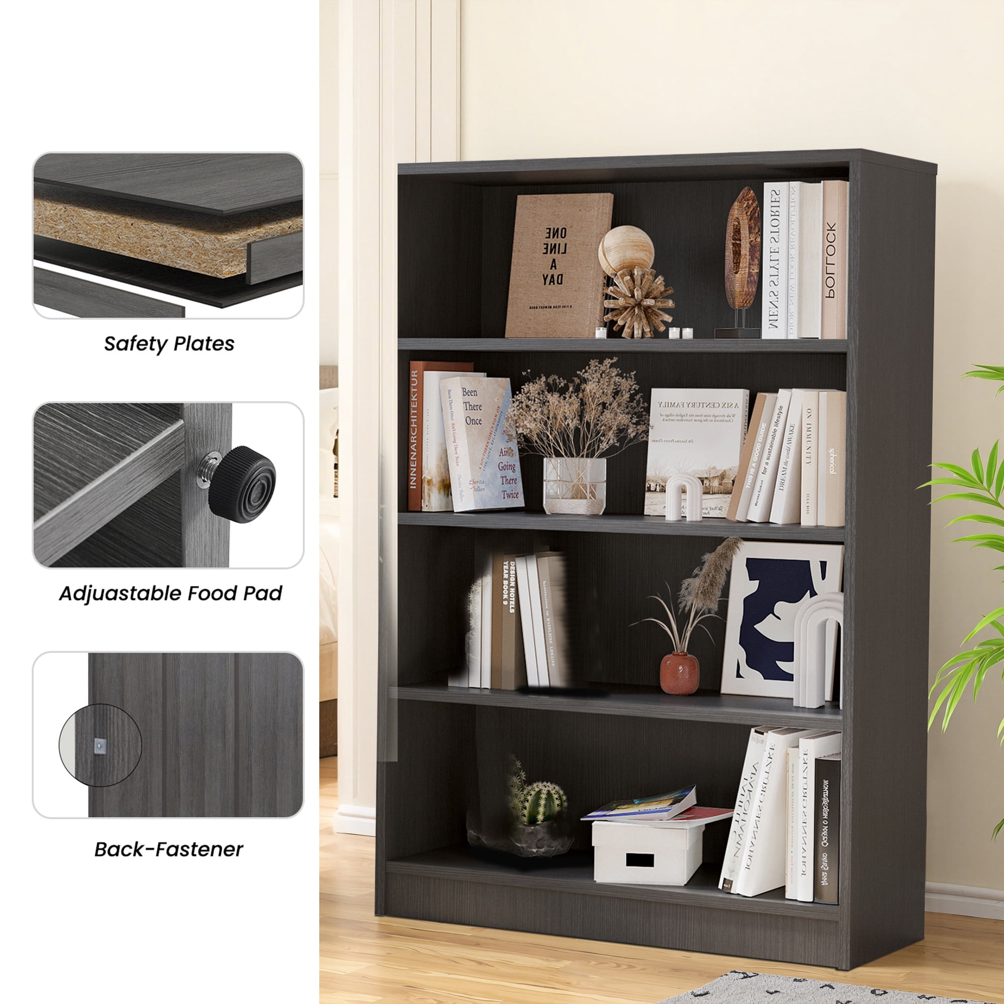 MAYEERTY Gray 4-Shelf Modern Wood Bookcase, 48" Tall, for Bedroom, Living Room, and Manga Library