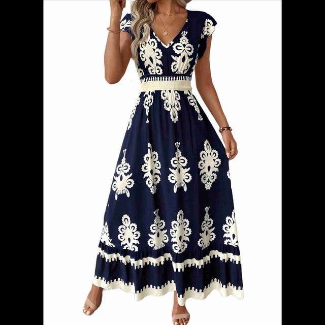 Vestidos de Verano para Mujer 2025, Informales, con Mangas con Volantes, Estilo Bohemio, para Playa, Azul Marino, Talla XL