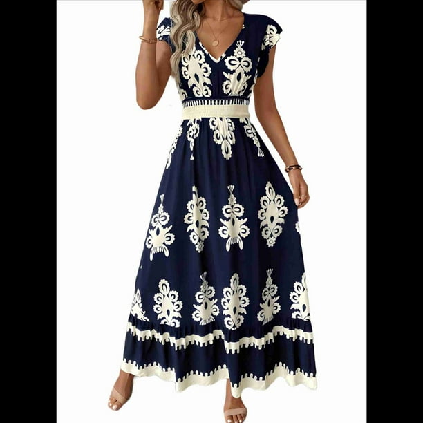 Vestidos de Verano para Mujer 2025, Informales, con Mangas con Volantes, Estilo Bohemio, para Playa, Azul Marino, Talla XL