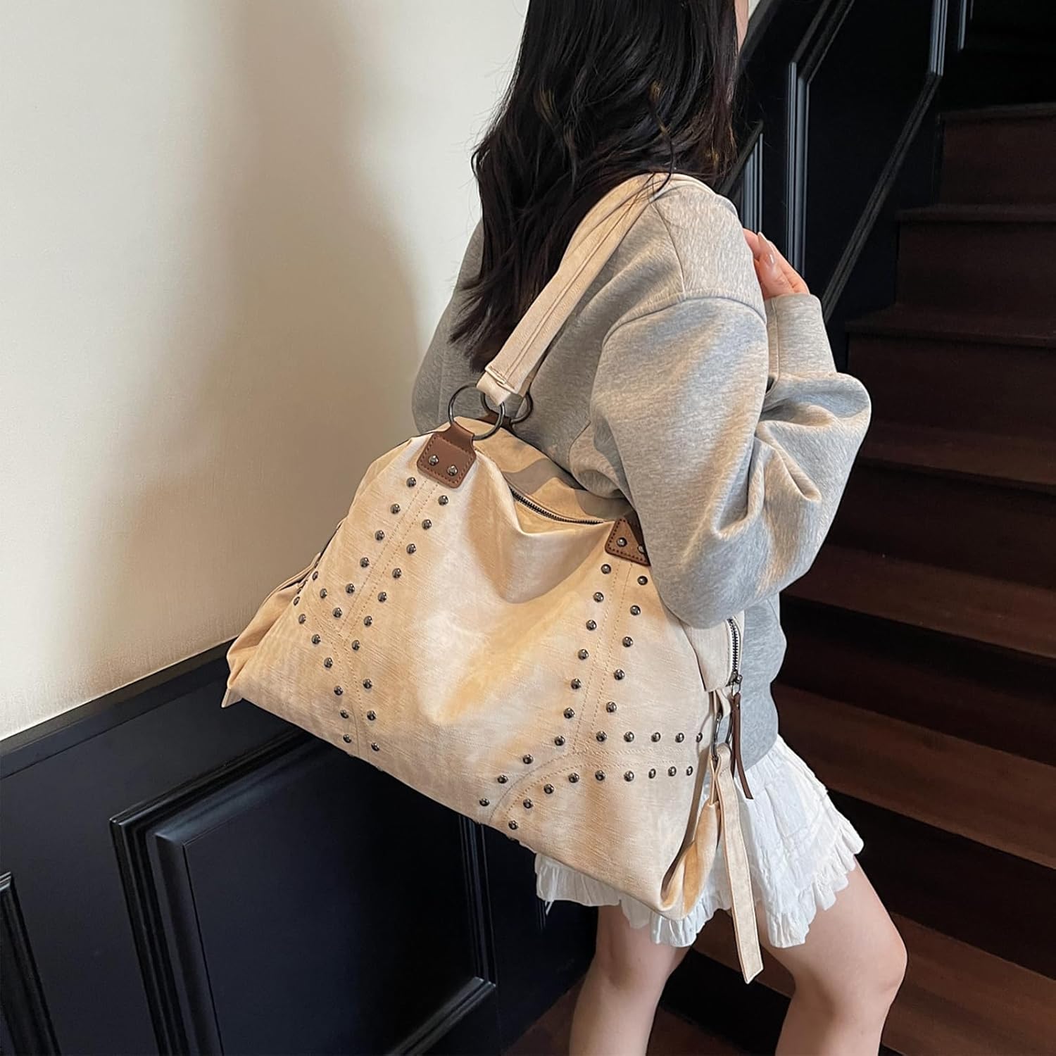 SPEKSEE Studded Purse Trendy Faux Leather Studded Tote Handbag Top-Handle Hobo Bags Y2K Shoulder Bag Punk Purse for Women