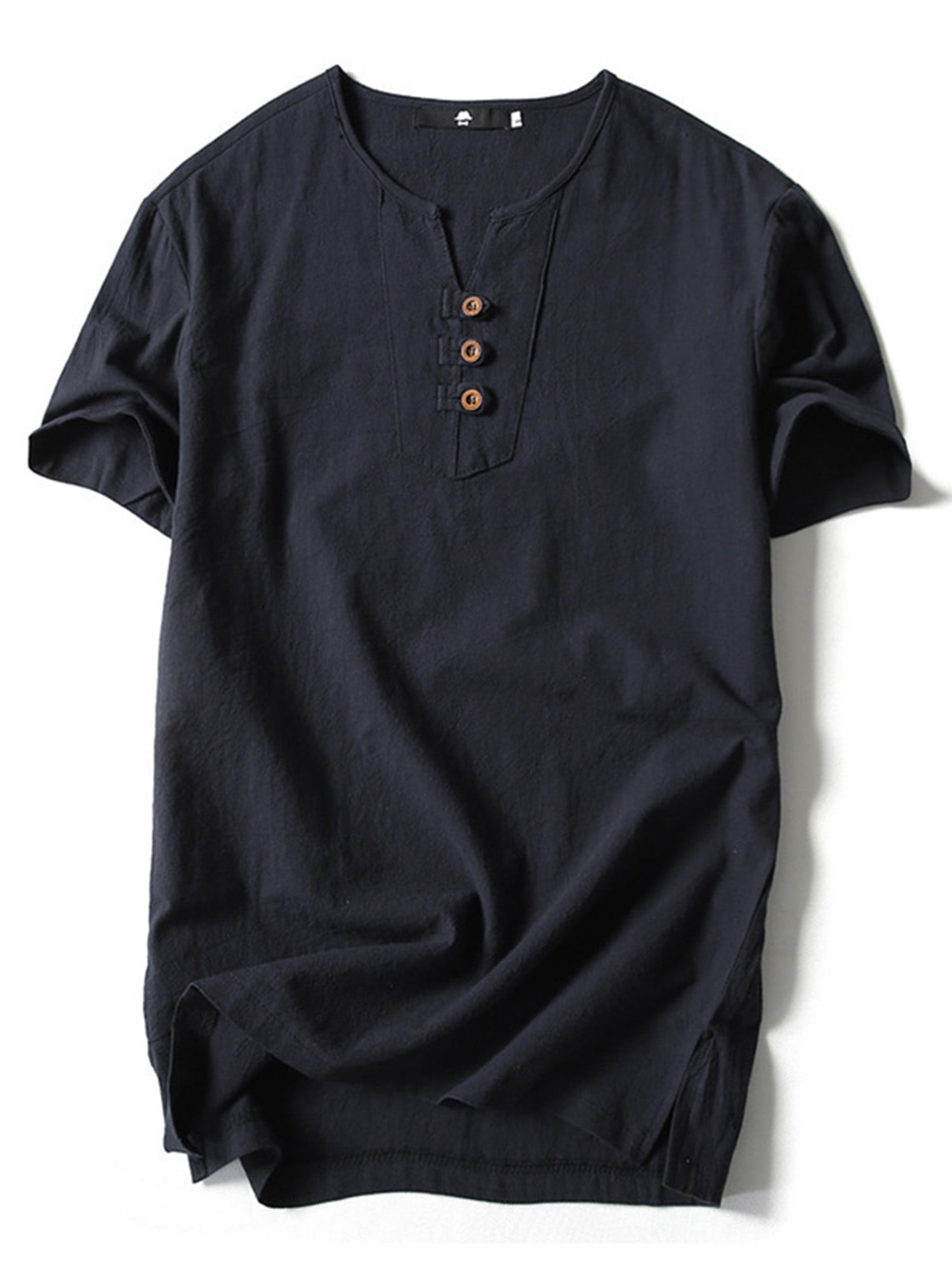 UKAP Mens Tees Cotton Linen T Shirt Retro Style Tops Simple Work Tunic Black-3 2XL