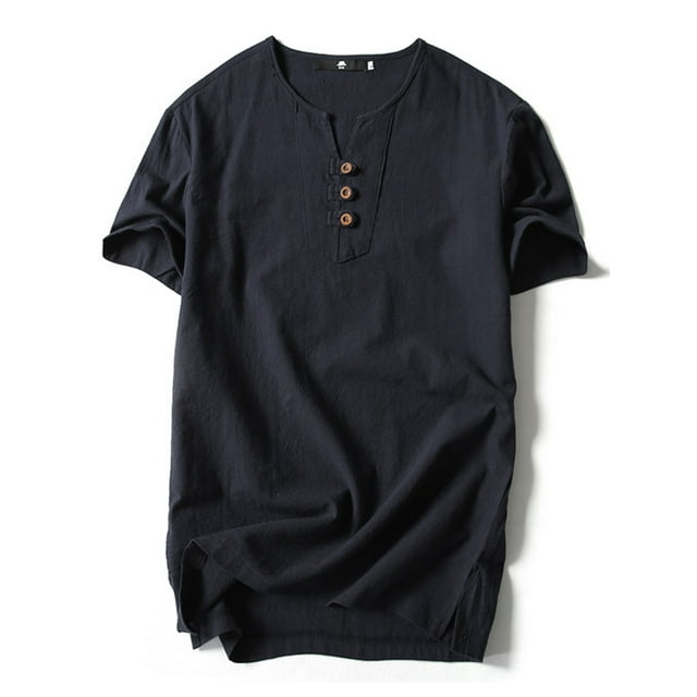 MAWCLOS Hommes T-Shirts Coton Lin Tops Couleur Unie T-Shirt Plage Décontracté Style Rétro Pull Noir-3 XL