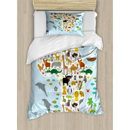 Africa Duvet Cover Set Twin Size, Exotic Hyena Parrot Giraffe Hippo and Dolphins Cartoon Style Animal Arrangement, Decorative 2 Piece Bedding Set with 1 Pillow Sham, Multicolor, by Ambesonne