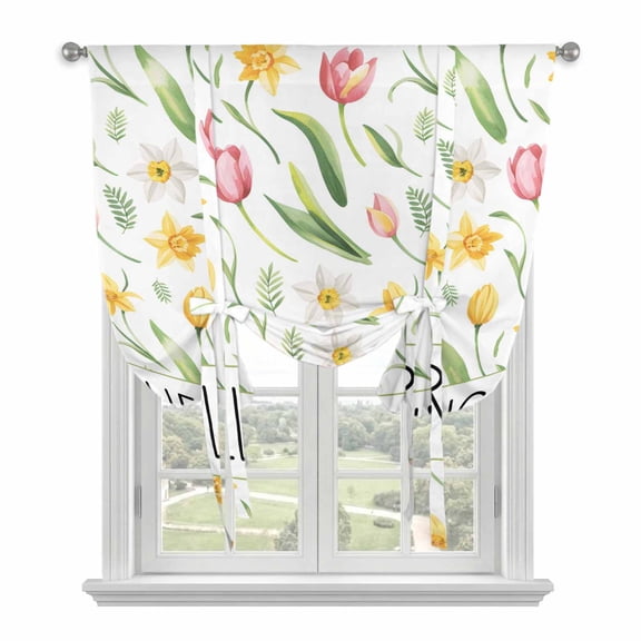 Tulip Flower Balloon Curtains for Bedroom/Front Door/Bathroom, Spring Watercolor Floral Leaf Plant Tie Up Curtains 63 Inch Length Light Filtering Kitchen Curtains Shades for Windows 46"x63"