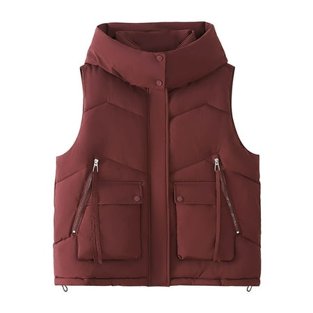 Htigea Hooded Sleeveless Jacket for Women Quilted Vest Hoodies Fall Winter Zip Up Coats Solid Casual Outerwear with Pockets Red XL
