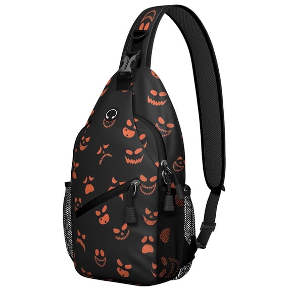 Sling Backpack,Halloween Orange Spooky Faces Sling Bag with Water Bottle Holder,Waterproof Sling Bag for Men/Women with Headphone Jack for Hiking,Travel