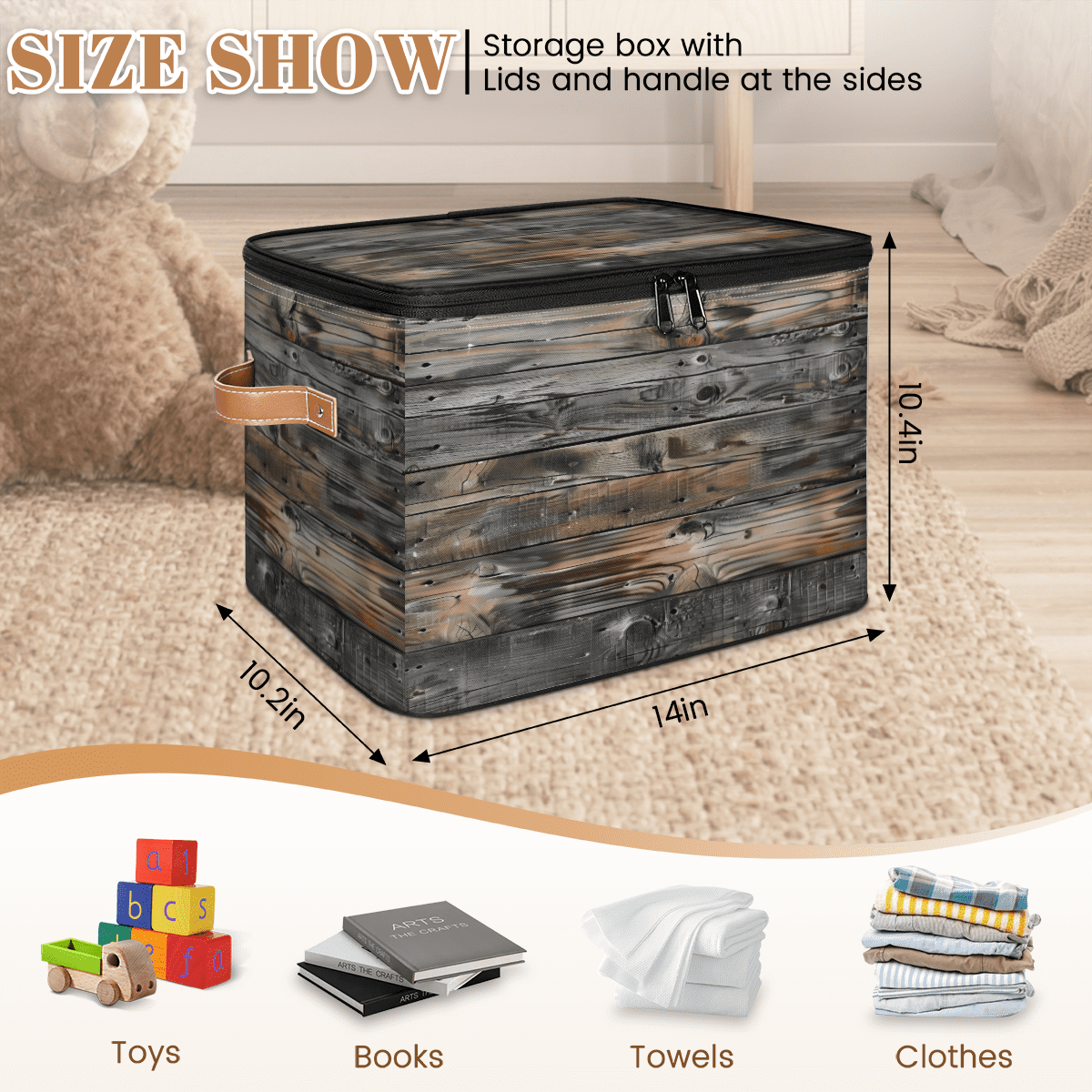 CURLYOOT Vintage Wood Texture Fabric Storage Bins with Lids, Foldable Storage Boxes Washable Storage Cube, Closet Bedroom Home Organizer Containers with PU Leather Handles