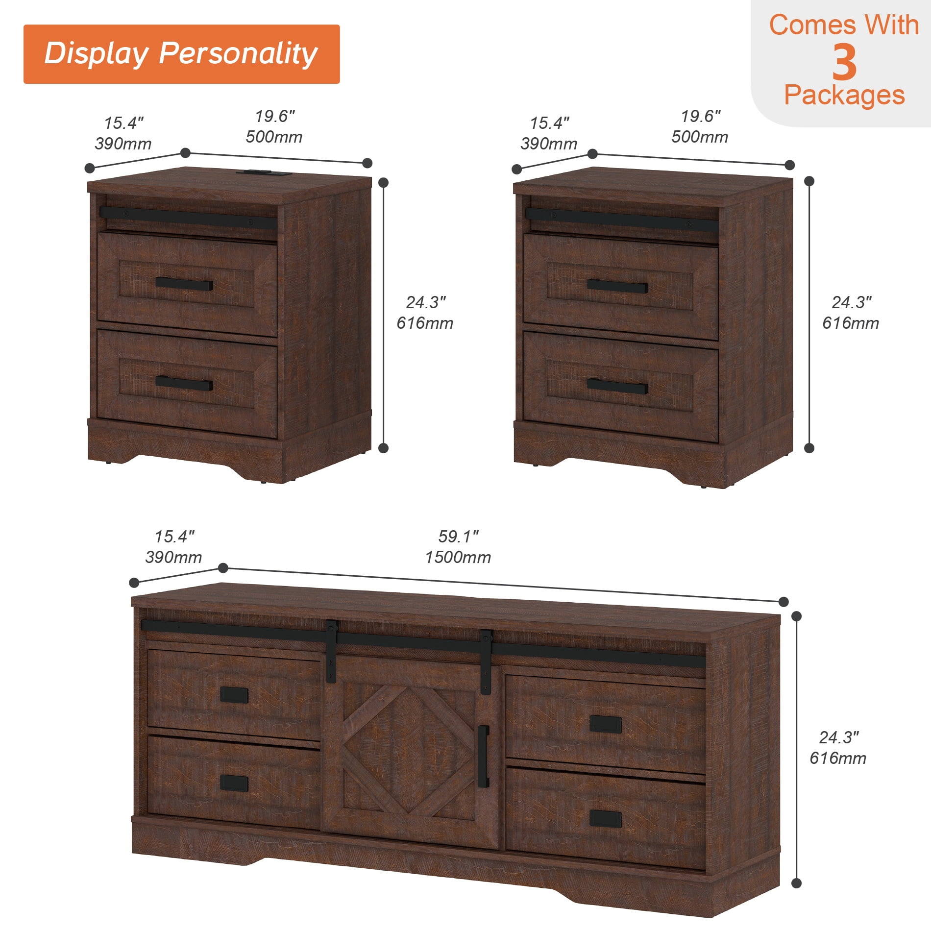 WAMPAT Farmhouse TV Stand with Charging Station and USB Ports for TVs up to 110" TVs,3 in 1 Wood Entertainment Center with 10 Drawers and Adjustable Shelves for Living Room, Rustic Brown