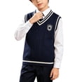 thumbnail image 1 of Odeerbi Niños Niñas V Cuello Cable de Punto Suéter Chaleco Bordado Insignia Sin Mangas Uniforme Escolar Chaleco, 1 of 8