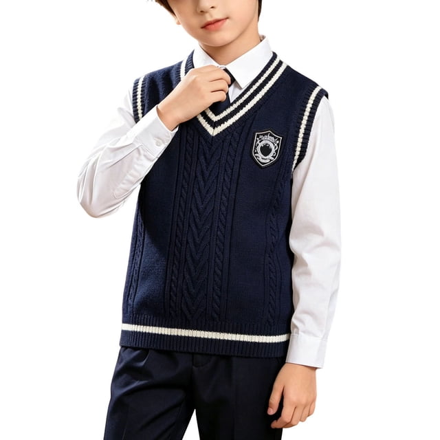 Odeerbi Niños Niñas V Cuello Cable de Punto Suéter Chaleco Bordado Insignia Sin Mangas Uniforme Escolar Chaleco