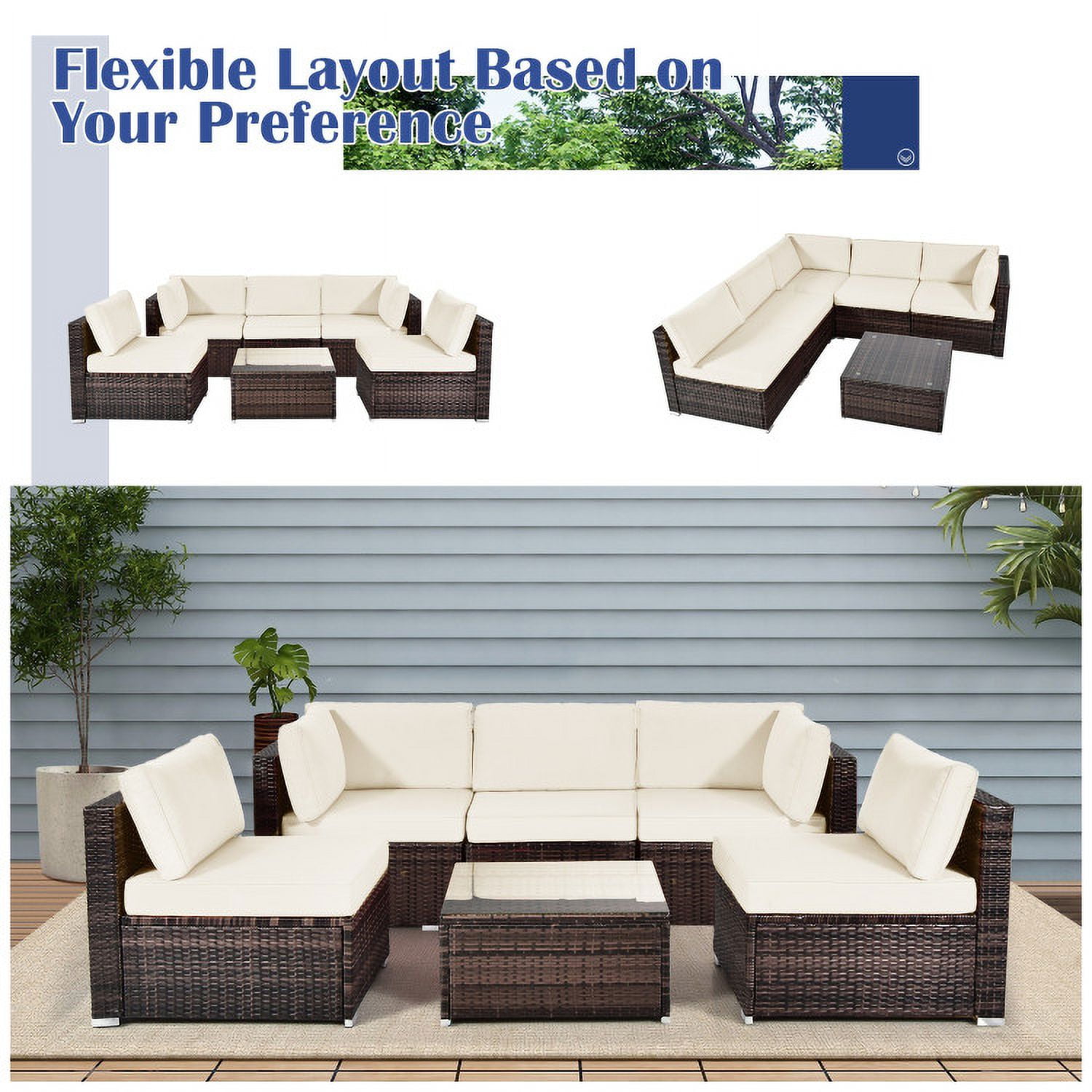 Aimee Lii 6 Pieces Patio Rattan Sectional Furniture Set with Cushions and Coffee Table, Outdoor Deck Furniture, White