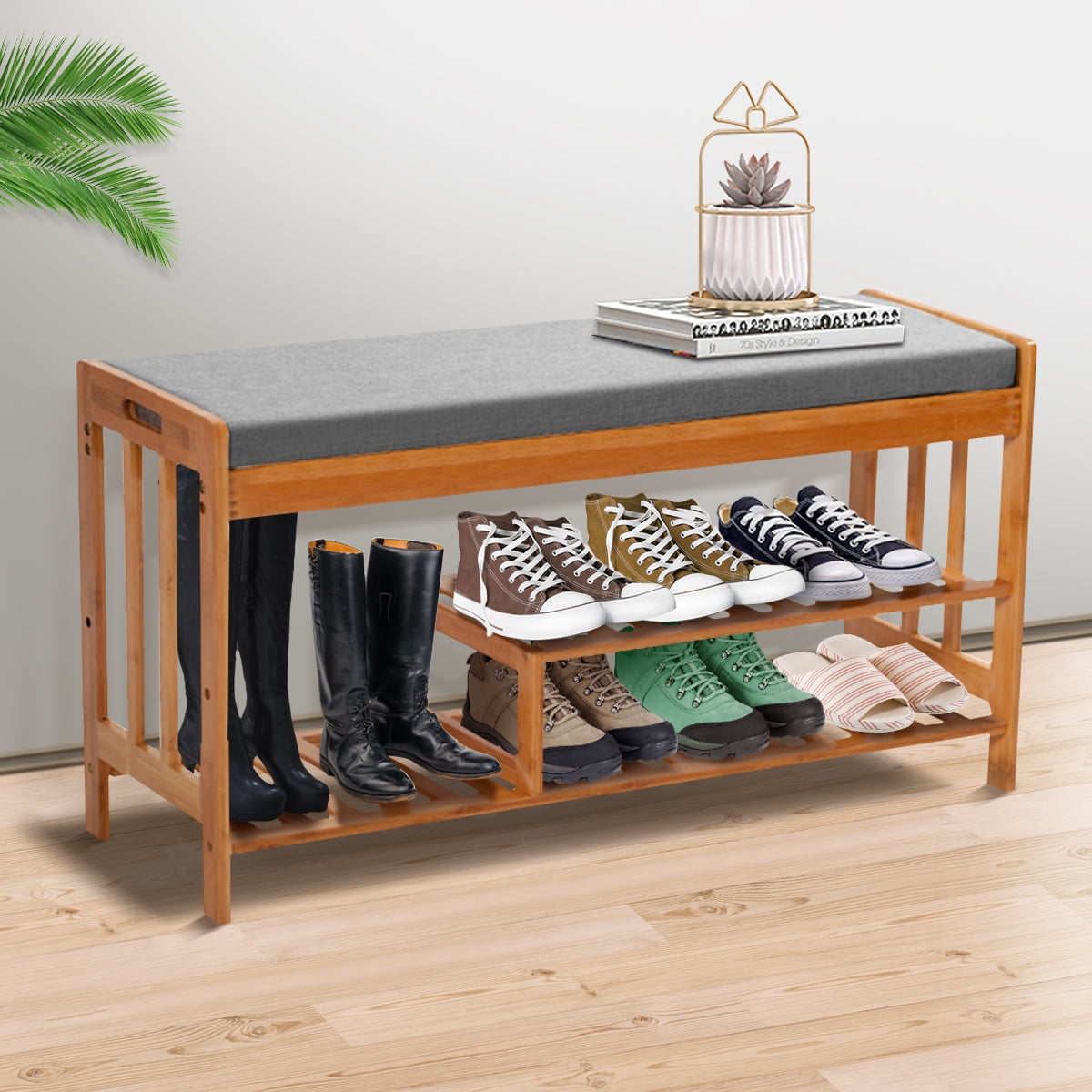 Shoe Rack And Seat Bench 35" Large 3-Tier Natural Bamboo Shoe Rack Bench Organizer, with Seat