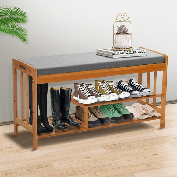 35" Large 3Tier Natural Bamboo Shoe Rack Bench Organizer 35" Large 3Tier Natural Bamboo Shoe Rack Bench Organizer