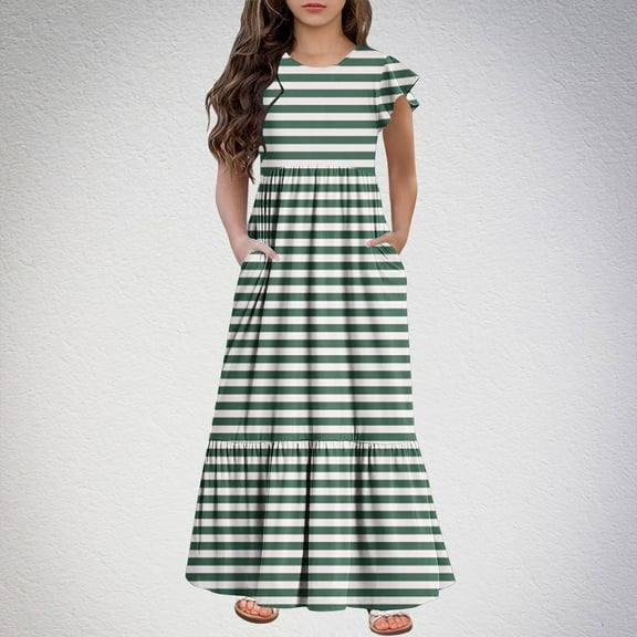 Summer Beach Dresses for Girls Size 6-12 Ruffle Short Sleeve Toddlers Kids Trendy Crewneck Stripe Printed Comfort Long Maxi Dress