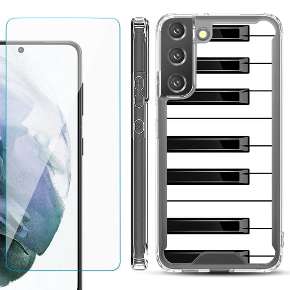 Shockproof Bumper Phone Case for Samsung Galaxy S22 5G, with Tempered Glass Screen Protector, by OneToughShield ® - Piano Design