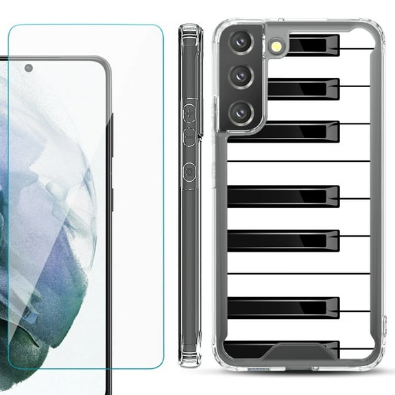 Shockproof Bumper Phone Case for Samsung Galaxy S22 5G, with Tempered Glass Screen Protector, by OneToughShield ® - Piano Design