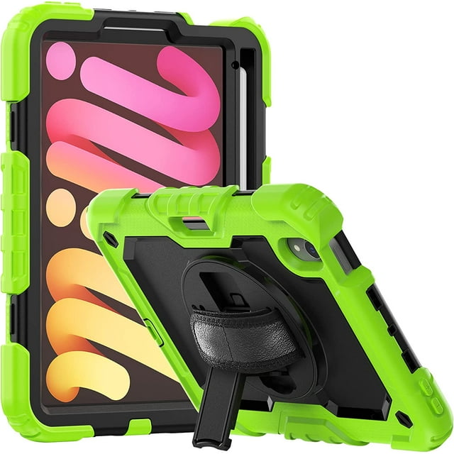 navor Rugged Cover Compatible with iPad Mini 6 (2021), Rotatable Kickstand Shoulder & Hand Strap Shockproof Heavy Duty Protective Case