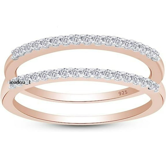 JewelsYard Created Round Shape Sparkling Moissanite White Diamond Real 925 Sterling Silver 14K Rose Gold Plated Engagement Enhancer Guard Ring for Women