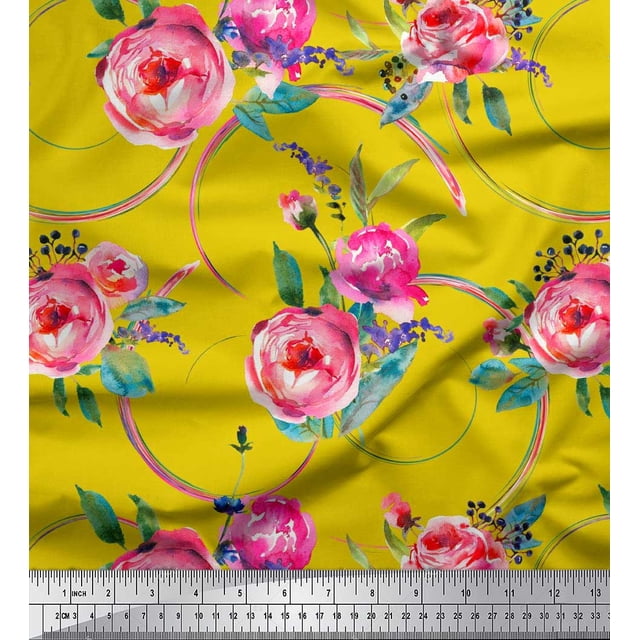 Soimoi Yellow Japan Crepe Satin Fabric Leaves & Ranunculus Floral Print Sewing Fabric Yard 42 Inch Wide