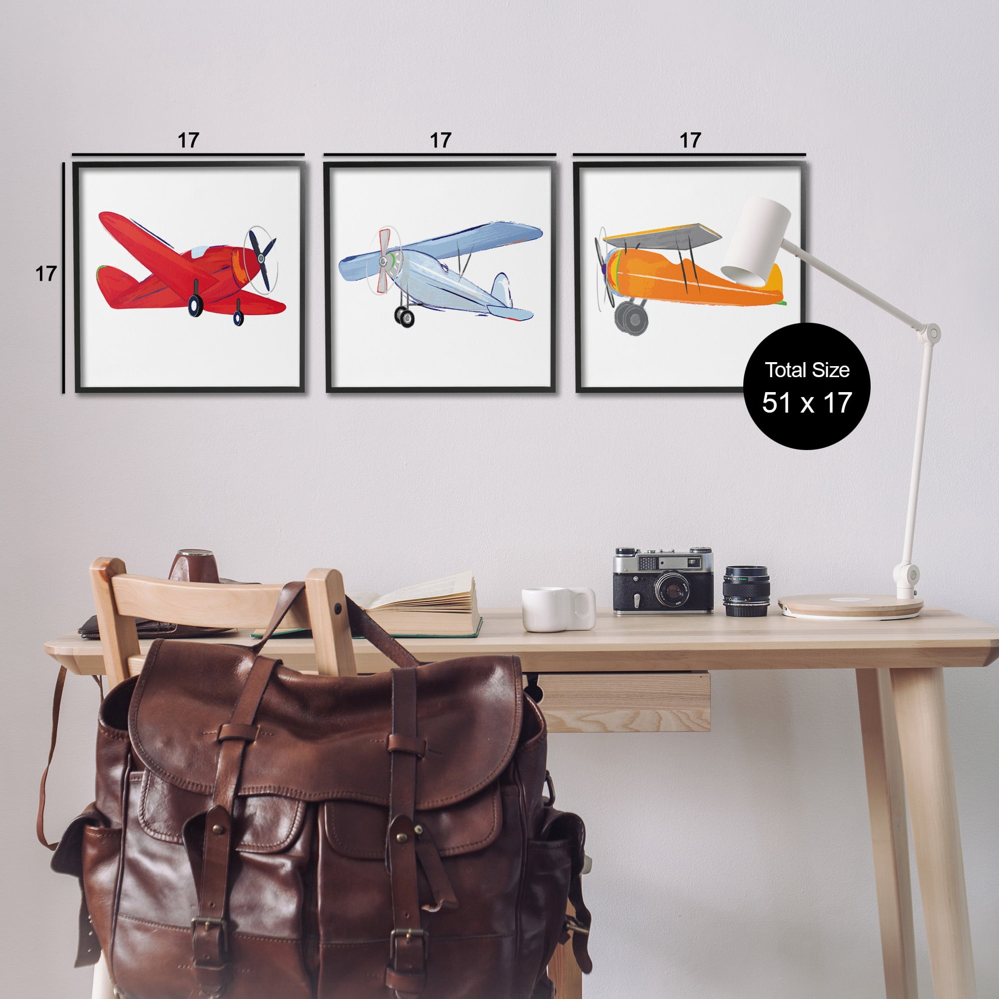 Stupell Industries Triple Colorful Airplanes Drawing Art for Kids Painting Black Framed Art Print Wall Art, 17 x 17, Set of 3