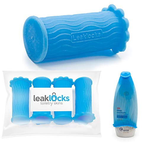 Leak Locks: 4 Pack Toiletry Skins for Leak Proofing Travel Containers in Luggage. Protects Standard and Travel Sized Toiletries. Reusable Accessory for Travel Bag, Suitcase and Carry On Luggage