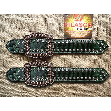 C39 HILASON WESTERN GREEN ZEBRA HAIR ON LEATHER SPUR STRAPS ADULT COPPER BUCKLE