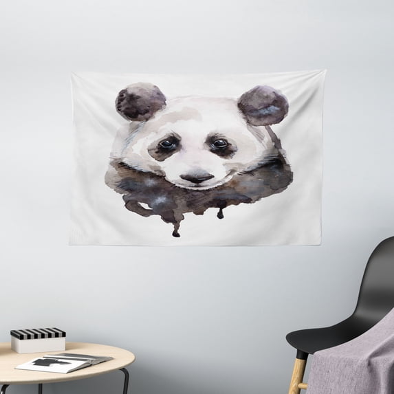 Animal Tapestry, Watercolor Cute Panda Bear Animal Asian Wildlife Zoo Theme Artwork Image, Wall Hanging for Bedroom Living Room Dorm Decor, 60W X 40L Inches, Beige White and Black, by Ambesonne
