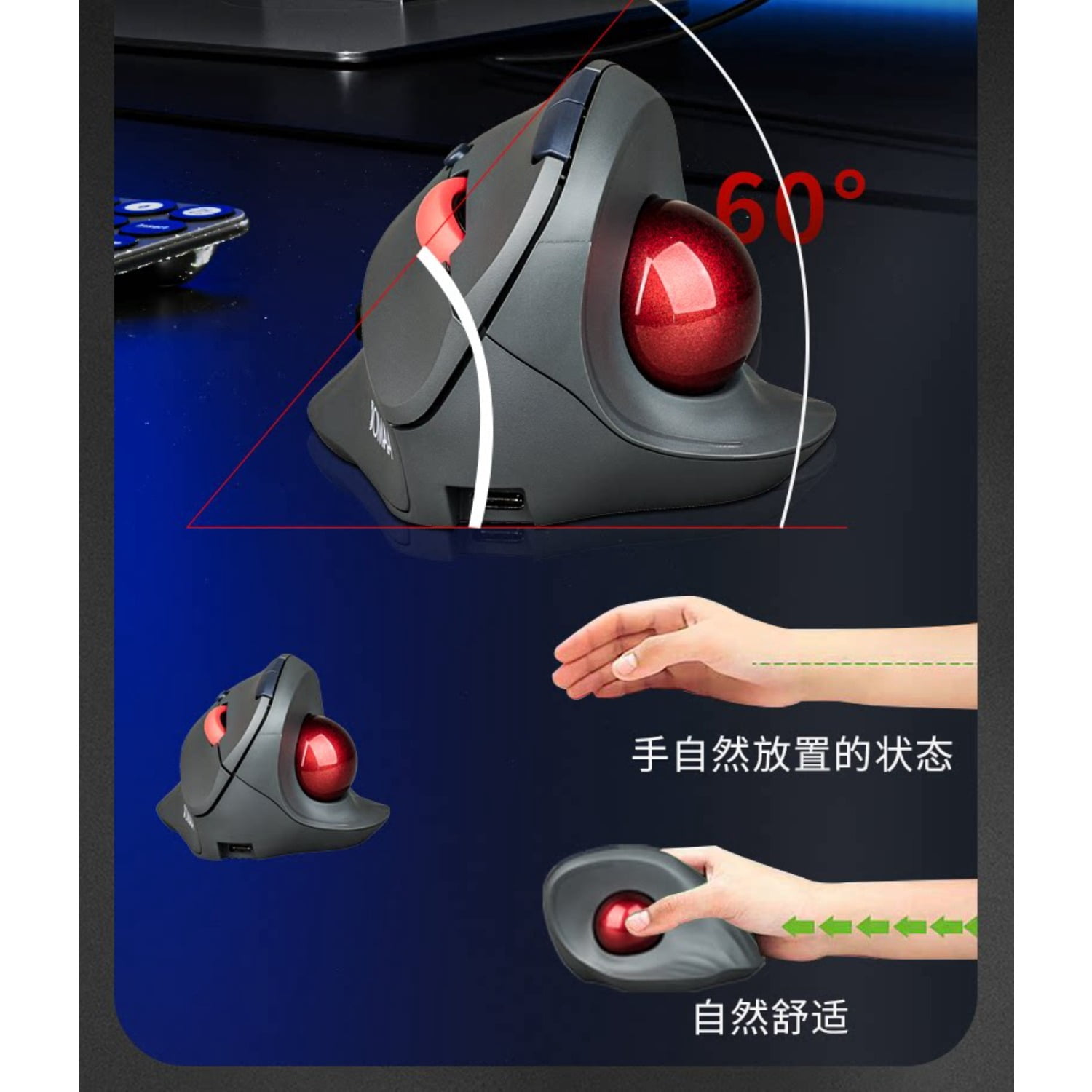 Dual-Mode Vertical Ergonomic Trackball Mouse, 2.4G/Bluetooth Thumb-Operated Wireless Mouse with Silent Buttons for Graphic Design CAD Computer