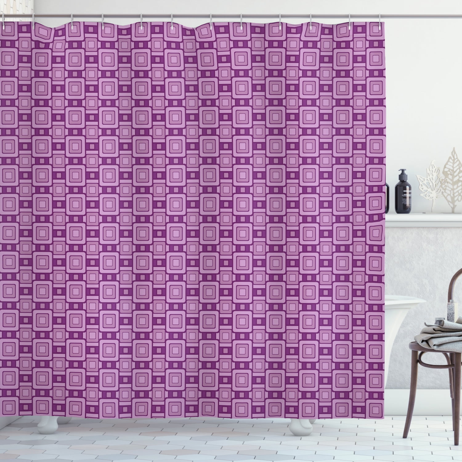 Purple and Lilac Shower Curtain, Geometrical Retro Modern Style Tile
