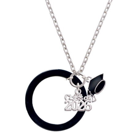 Delight Jewelry Acrylic Large Circle Black - Silvertone Class of 2026 Graduation Zoey Charm Necklace, 28"