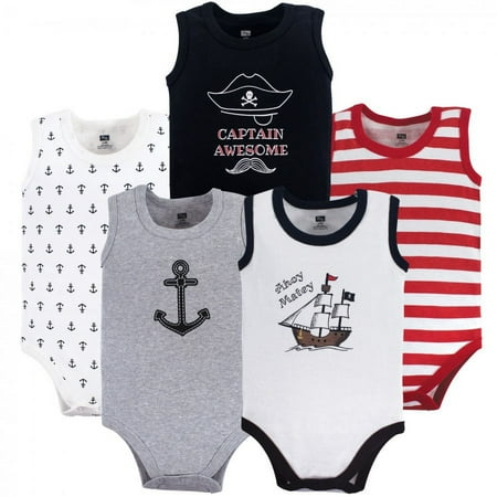 Hudson Baby Infant Boy Cotton Sleeveless Bodysuits 5pk, Pirate Ship, 12-18 Months