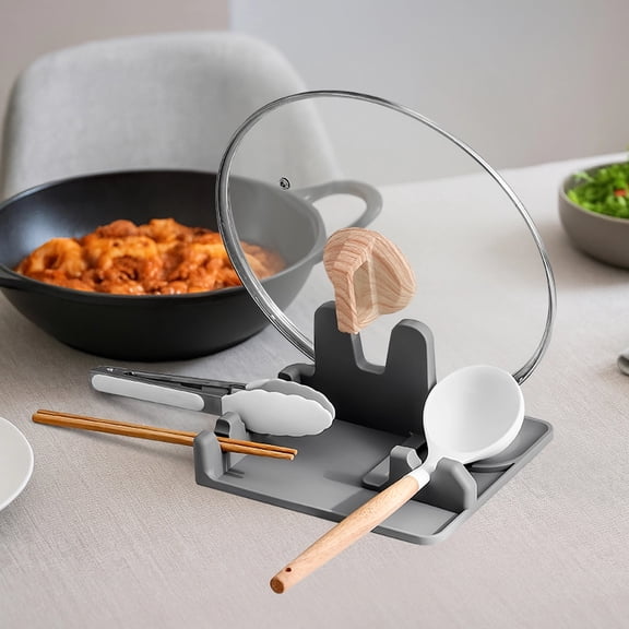 Spoon Rests with Lid Holder, Silicone Spoon Lid Rest, Multi-Functional Pot Lid Spatula Rack Utensil Rest for Kitchen Organizer, Gray