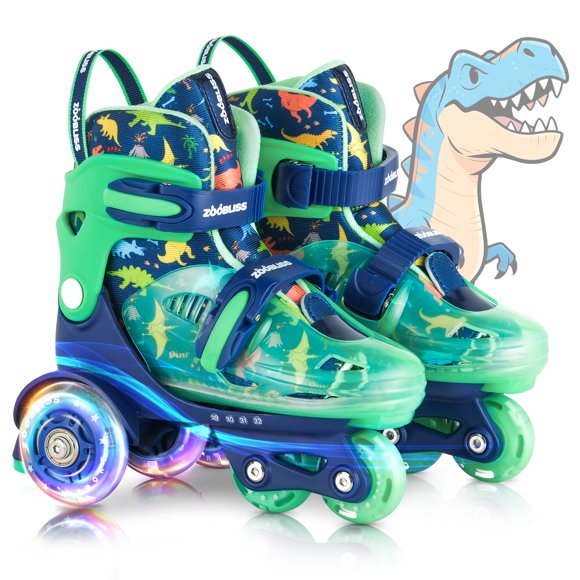 Kids Roller Skates for Beginners - ZOOBLISS Toddler Roller Skates for Boys Ages 3-7 with Light-Up Wheels & 4 Adjustable Sizes, Tri-Wheel Training Skates for Kids (Din