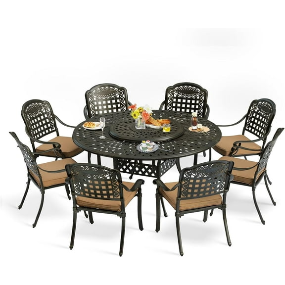 9-Piece Patio Furniture Dining Set, All Weather Cast Aluminum Outdoor Conversation Set- 61" Round Patio Dining Table with Detachable Lazy Susan & 8 Chairs, 2" Umbrella Hole, Khaki