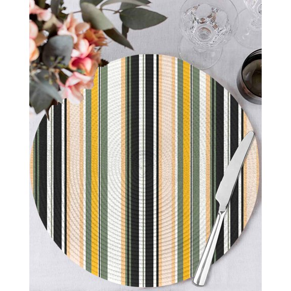 15 Inch Round Placemats Set of 6, Green Yellow Black Striped Non Slip Heat Insulation PP Table Mats, Modern Stripes Art Farmhouse Washable Place Mats for Kitchen Dining Party Table Decor